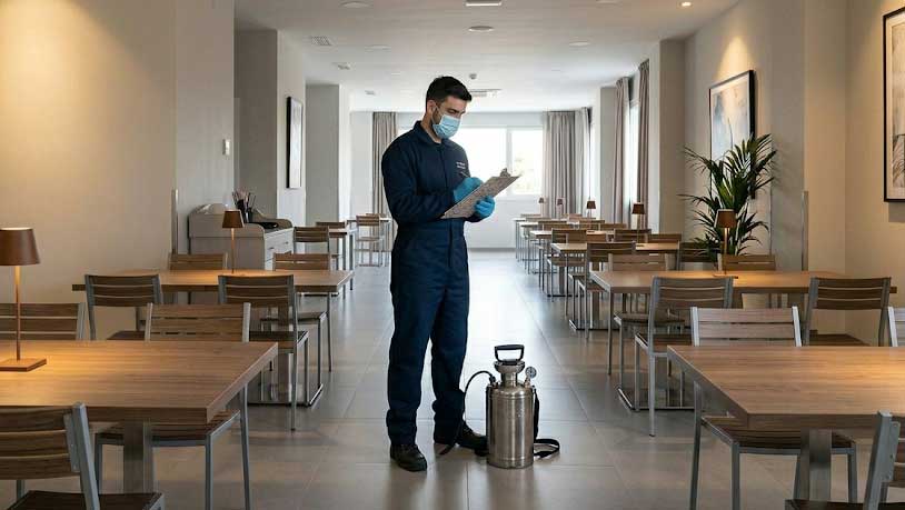 Απεντόμωση εστιατορίου. O τεχνικός οργανώνει την εφαρμογή - Φωτογραφία με την υποστήριξη AI - gemini