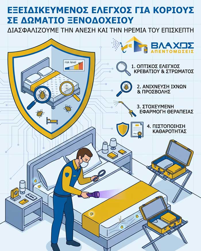 Γράφημα που δείχνει τεχνικό να κάνει έλεγχο για κοριούς σε ξενοδοχείο. - Το γράφημα αυτό κατασκευάστηκε με την υποστήριξη του AI - gemini